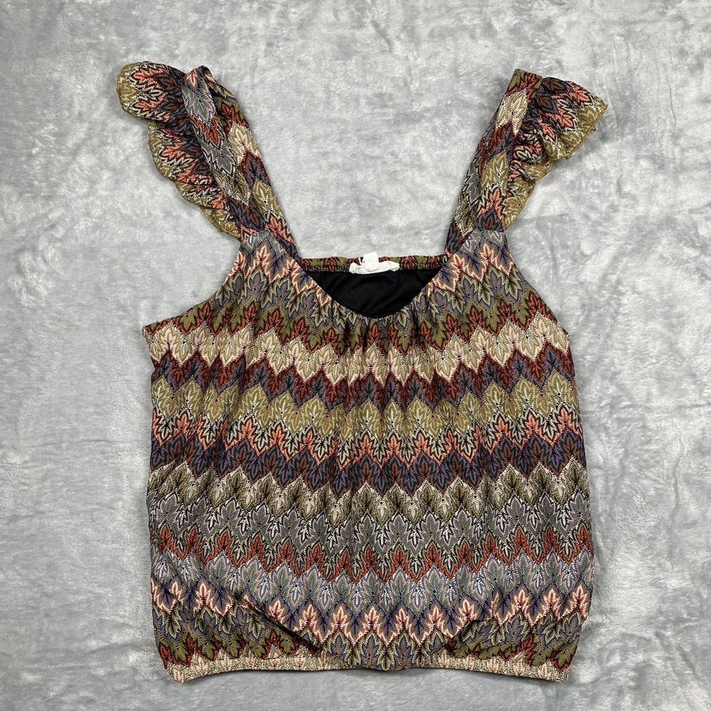 Love and Promises Tank Top Womens Multicolor Chevron Ruffle Metallic Blouson‎ L